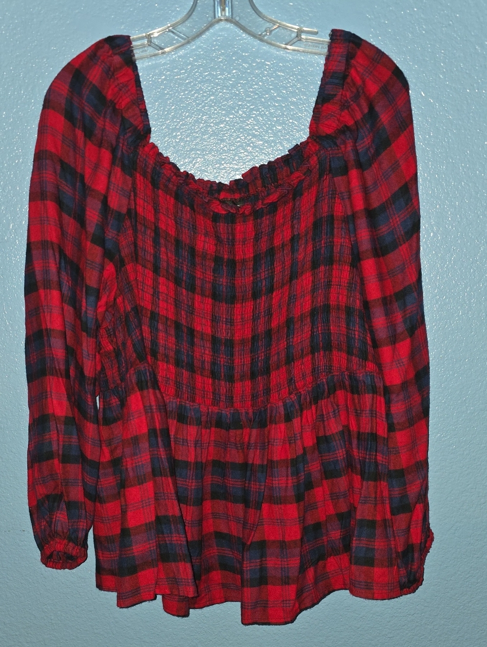 torrid Red and Blue Plaid Peasant Top